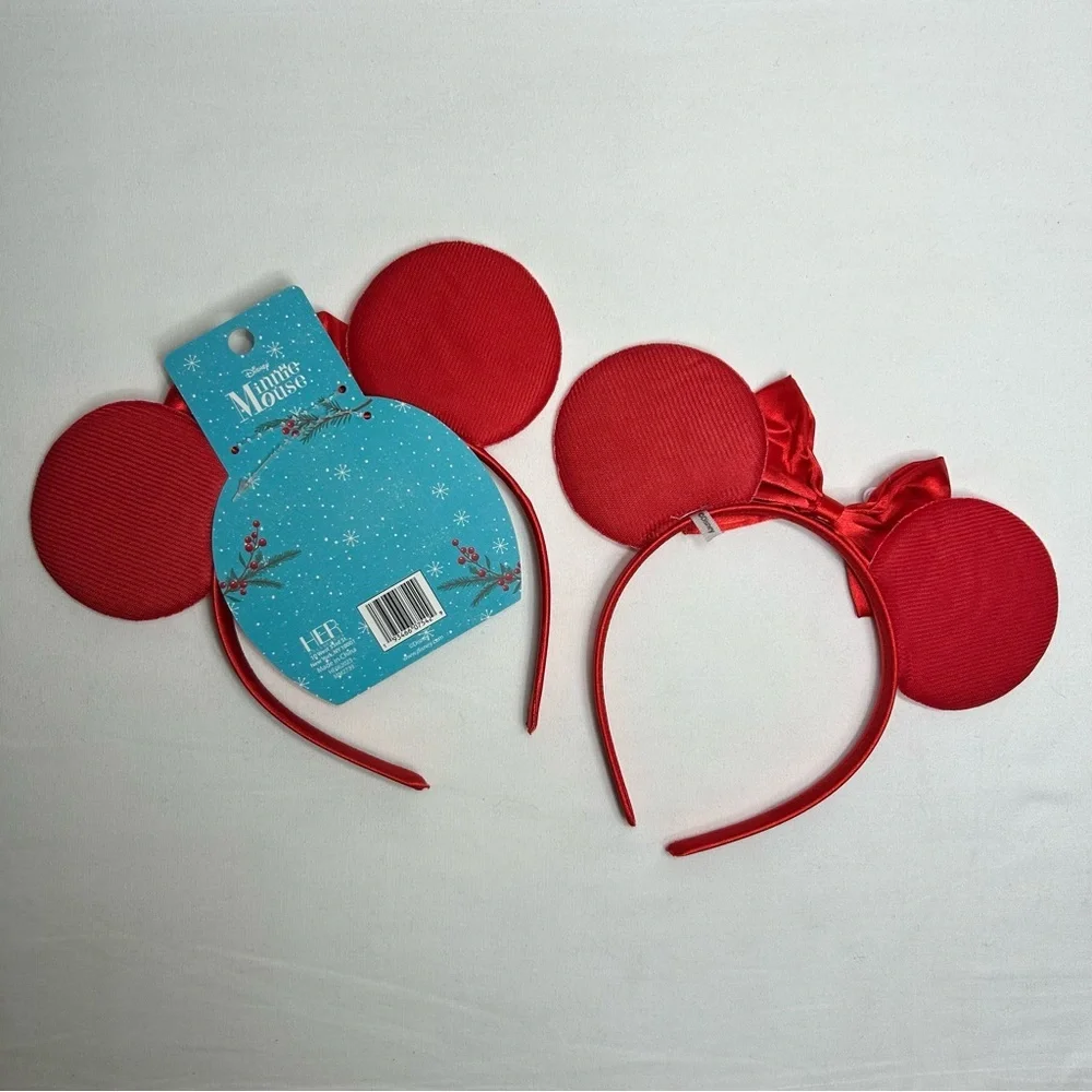 2 Disney Minnie Mouse Holidays Valentines headbands Red White Stripes Bow Pearls
